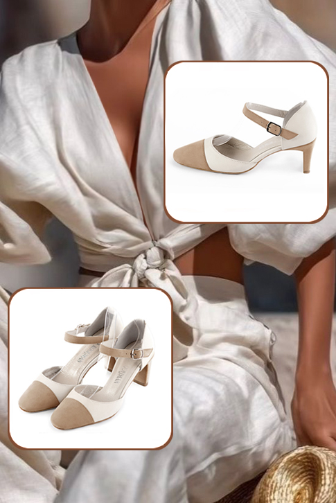 Women's tan beige and off white open side dress shoes, with an instep strap. Round toe. Medium comma heels - Worn view